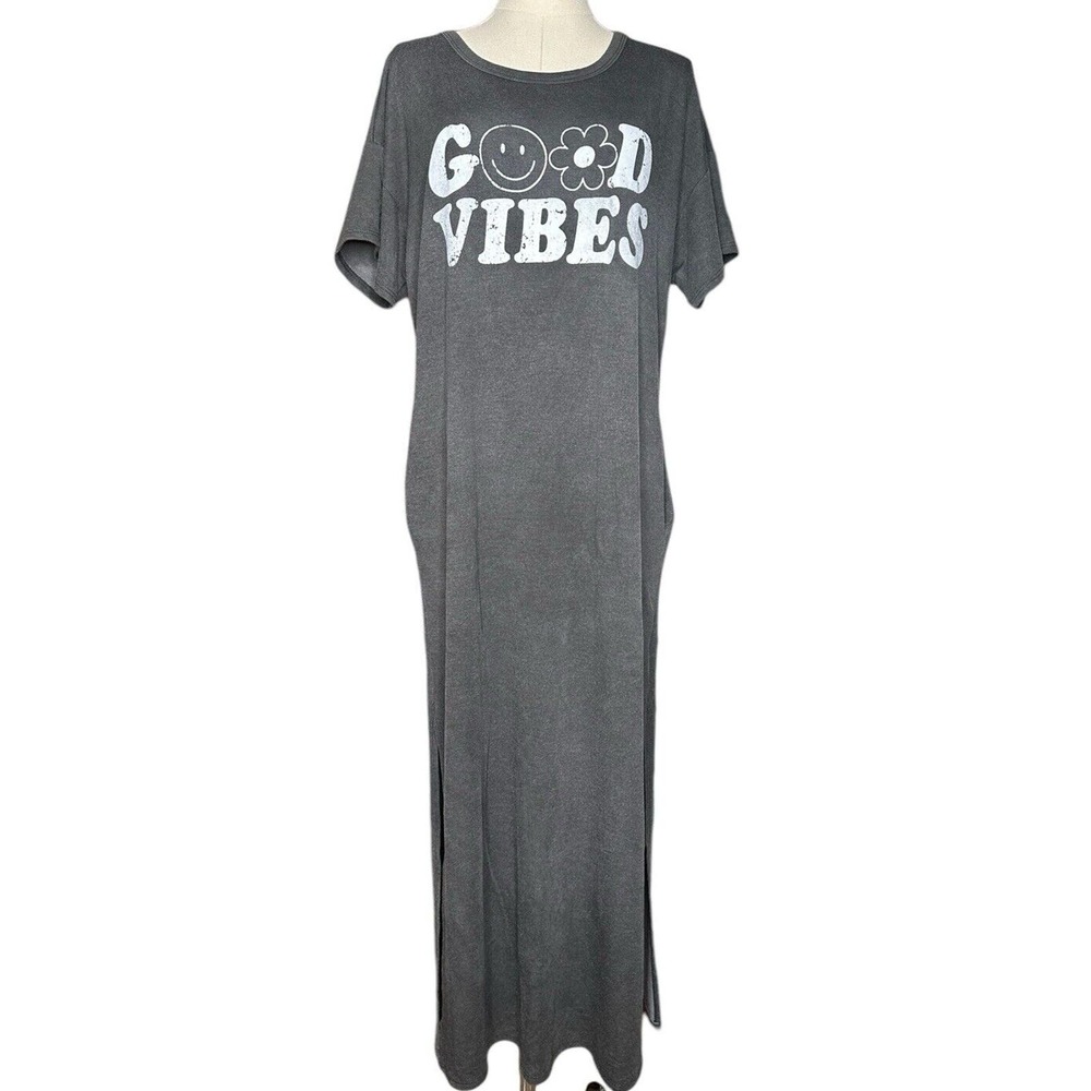 Fantastic Fawn GOOD VIBES Loose Fit Gray T-Shirt Maxi Dress with Pockets Size S